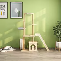 Wooden Multilevel Cat Tree Household Living Products With Pet Bed Potted Plant Green Wall Wooden Floor