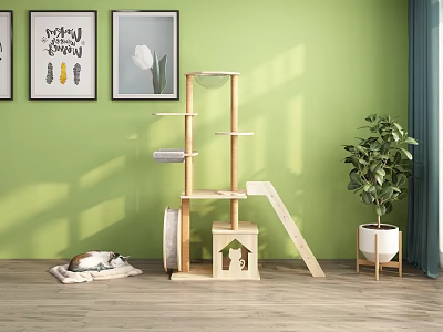 Wooden Multilevel Cat Tree Household Living Products With Pet Bed Potted Plant Green Wall Wooden Floor 3d model