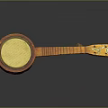 Wooden Banjo with Round Resonator Yellow Panel and Decorated Neck on Gray Background with Reflection