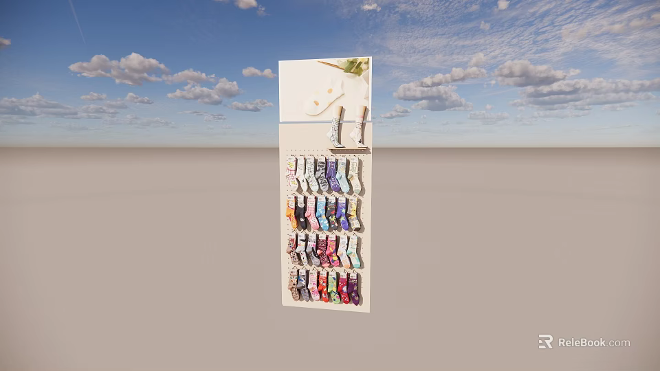 Vertical Display Rack With Various Colored Socks Under Cloudy Blue Sky 3d model 