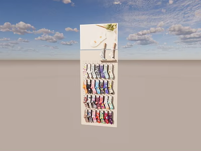 Vertical Display Rack With Various Colored Socks Under Cloudy Blue Sky 3d model