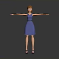 3D Female Character In Blue Dress With Red Hair And Outstretched Arms On Gray Background