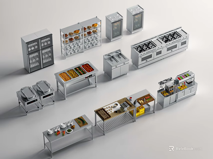 Modern Kitchen Storage Cabinets With Glass Doors And Food Display Shelves 3d model 