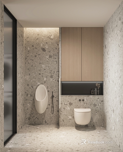 Modern Bathroom Interior With Terrazzo Walls Urinal Toilet Wooden Cabinets And Black Countertop 3d model 