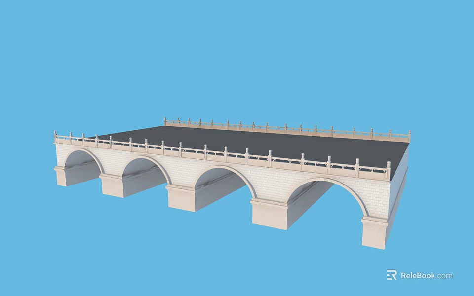 Stone Arch Bridge With Multiple Arches And Stone Parapet Railings On Flat Deck 3d model 