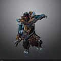 Man in Decorated Blue and Gold Armor Holding Weapon in Battle Stance
