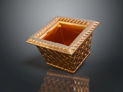 Golden Carved Square Container with Woven Texture Ornate Edges and Shiny Metallic Finish 3d model