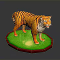 Tiger Toy Model With Orange Black Stripes Standing On Green Grass Base