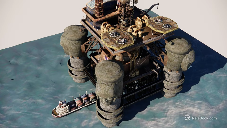 Offshore Oil Drilling Platform With Drilling Rig And Support Vessel In Ocean 3d model 