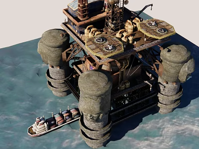 Offshore Oil Drilling Platform With Drilling Rig And Support Vessel In Ocean 3d model