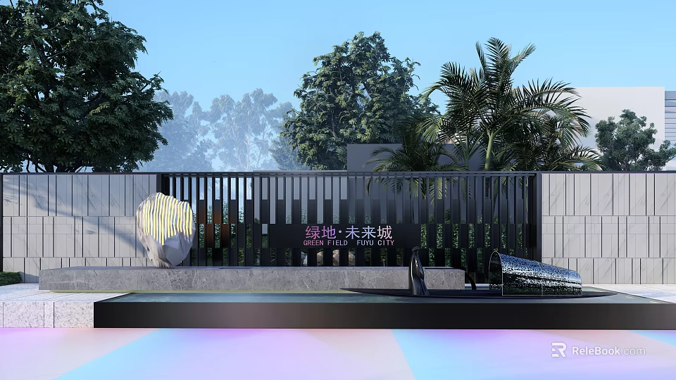 Modern Outdoor Scenic Wall Design With Vertical Slats And Green Trees 3d model 