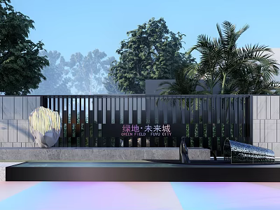 Modern Outdoor Scenic Wall Design With Vertical Slats And Green Trees 3d model