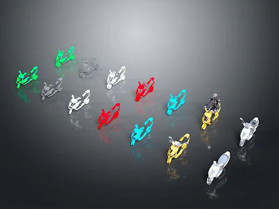 Display of Various Colored Motorcycle Models with Reflective Surfaces on Dark Background 3d model