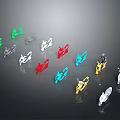 Display of Various Colored Motorcycle Models with Reflective Surfaces on Dark Background
