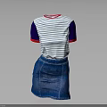 Blue And White Striped Top With Dark Blue Sleeves Red Trim And Blue Denim Skirt