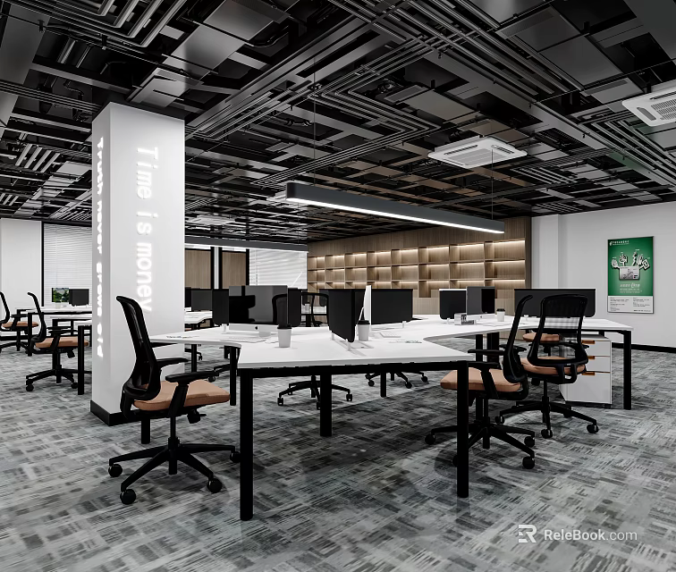 Modern Office Interior With Desks Ergonomic Chairs Open Layout And Ceiling Lights 3d model