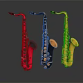 Red Black and Gold Saxophones with Shiny Reflective Surfaces on Dark Background