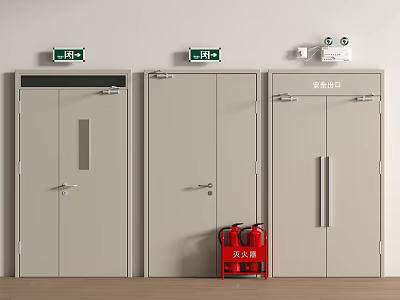 Three Gray Safety Exit Doors With Green Emergency Signs And Red Fire Extinguisher 3d model