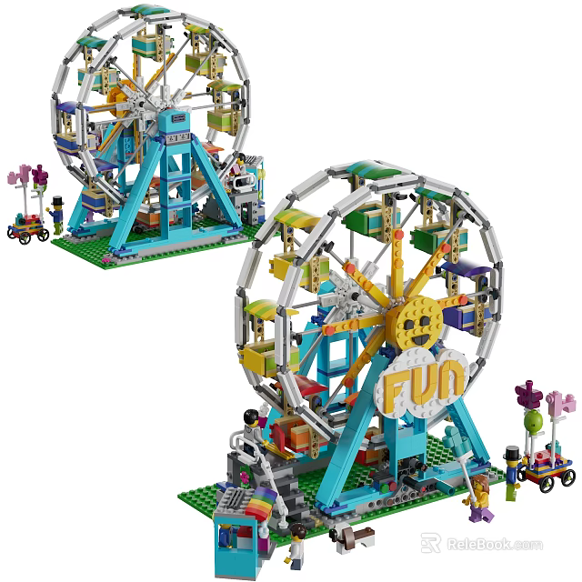 Colorful Building Blocks Ferris Wheel Model With Fun Sign Mini Rides And Small Figures 3d model 