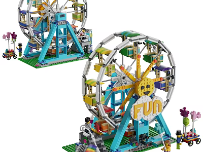 Colorful Building Blocks Ferris Wheel Model With Fun Sign Mini Rides And Small Figures 3d model