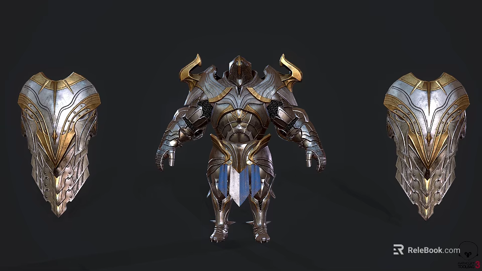 Fantasy Character Armor Design With Creature Inspired Metallic Ornamental Parts And Blue Accents 3d model 