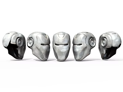 Five Silver Metal Helmets with Modern Design Arranged in a Row 3d model