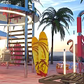 Vibrant Summer Better Life Festival Scene With Palm Trees Sun Loungers And Fire Pit