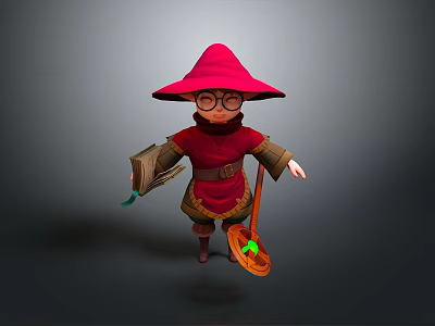 Woman Wearing Red Outfit And Wide Brimmed Hat With Glasses Holding Book And Broom 3d model