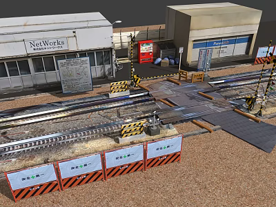 Train Tracks At Nit Works Railroad Crossing With Safety Barriers And Facilities 3d model