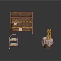 Wooden Bread Shelf With Buns Three Tier Pastry Stand And Baguettes In Cloth Covered Basket