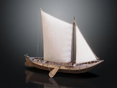 Traditional Wooden Sailing Boat With White Sail Oar And Handcrafted Natural Wood Structure 3d model