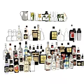 Variety of Liquor Bottles and Drinking Glasses Displayed with Different Sizes and Labels