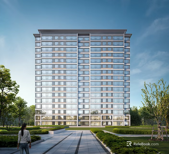 High Rise Modern Residential Building With Glass Windows And Surrounding Greenery 3d model 