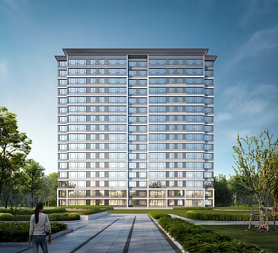 High Rise Modern Residential Building With Glass Windows And Surrounding Greenery 3d model