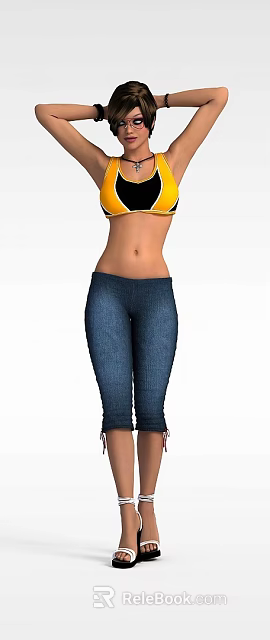 Woman Wearing Blue Fitted Jeans Showing Slim Waist And Curved Hips 3d model 