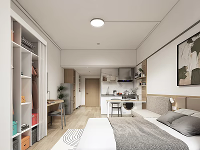 Modern Minimalist Apartment Interior With Open Kitchen Bedroom Wooden Floor And Decorative Painting 3d model