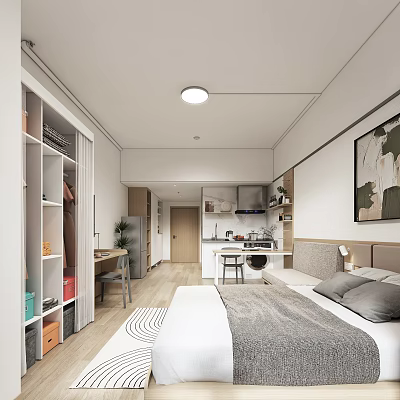 Modern Minimalist Apartment Interior With Open Kitchen Bedroom Wooden Floor And Decorative Painting 3d model