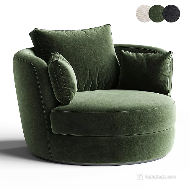 Green Velvet Single Sofa With Round Design And Plush Cushions For Living Room 3d model 