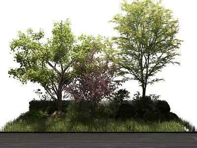 Three Tall Trees with Green and Purple Leaves Surrounded by Grass and Shrubs 3d model