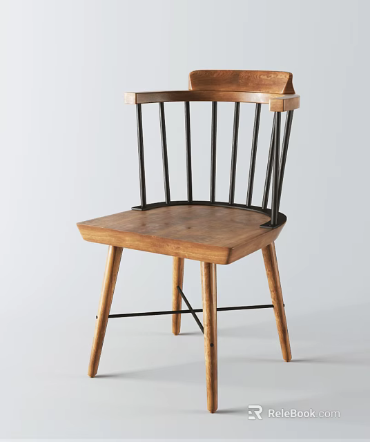 Modern Wooden Leisure Chair With Black Metal Slat Backrest And Solid Wood Legs 3d model 