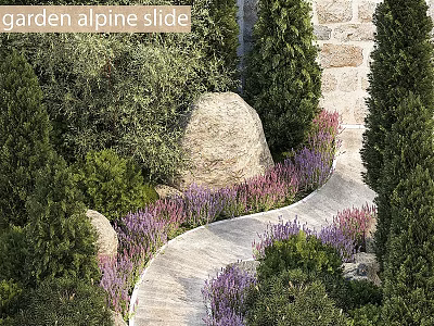 Garden Alpine Slide Ornament Decoration Set With Stone Path Purple Flowers And Green Plants 3d model