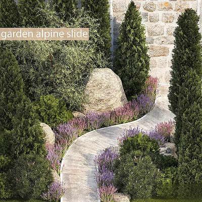 Garden Alpine Slide Ornament Decoration Set With Stone Path Purple Flowers And Green Plants 3d model