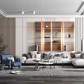 Modern Living Room Interior Design With Large Sofa Coffee Table And Illuminated Decor Shelves