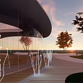 Modern Outdoor Landscape Design With Curved Pathway And Circular Structure Trees And Lighting