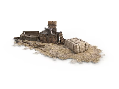 Rustic Daily Necessities Display On Hay With Wooden Box Barrel And Storage 3d model