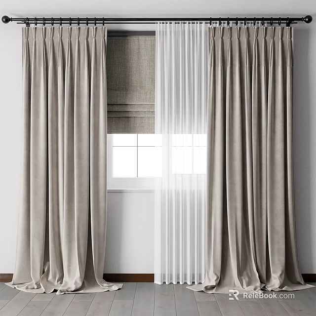 Beige Velvet Curtains With Sheer Panels For Bright Home Window Interior 3d model 
