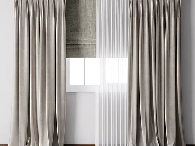 Beige Velvet Curtains With Sheer Panels For Bright Home Window Interior 3d model