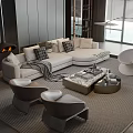 Modern L shaped White Sectional Sofa and Marble Coffee Table Set with Throw Pillows Blanket Grey Armchairs Fireplace