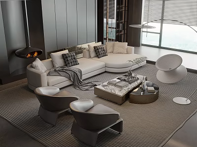 Modern L shaped White Sectional Sofa and Marble Coffee Table Set with Throw Pillows Blanket Grey Armchairs Fireplace 3d model