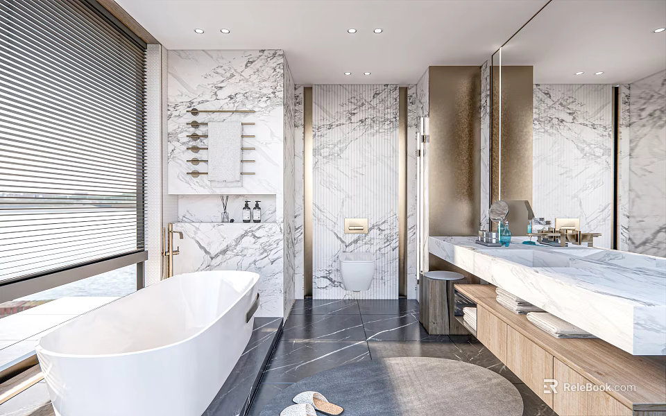 Modern Bathroom Interior Design With Marble Walls Freestanding Bathtub Large Mirror And Wooden Vanity 3d model 